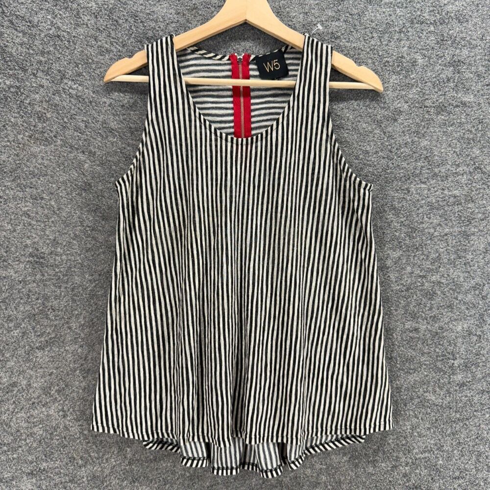 W5 Blouse Women S Small Black Striped Sleeveless Wide Strap Zipper Round Neck